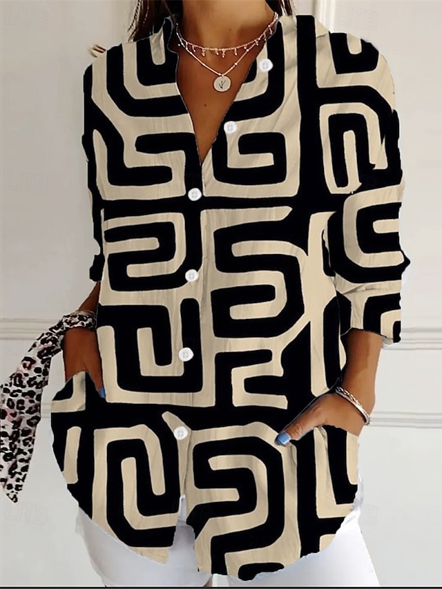  Per donna Camicia Geometrico Quotidiano Elegante Essenziale Manica Lunga Colletto a Camicia Top Regolari Quotidiano Ferie Bottoni Stampato Nero Blu Reale Blu Viola Verde Primavera Autunno
