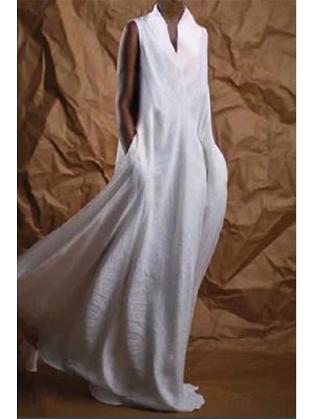  Per donna Abito Lungo Maxi Abito Abiti ispirati al lino Abito Bianco Vestito da Festa Abito in cotone e lino Moda Feste Compleanno Vestibilità regolare Semplice Senza Maniche Scollo a V Bianco Estate