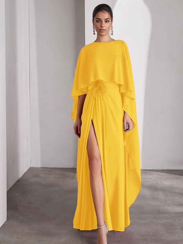  A-Line aftonklänning elegant klänning formell golvlängd kort ärm rundhalsad chiffong med fjäderstola