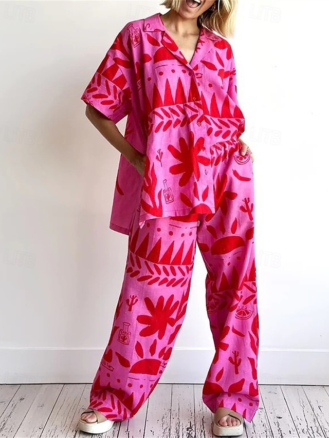  Femmes Mode Streetwear Chemises en coton et lin Ensembles en coton et lin Ensembles de Pantalons Manche Courte Col de chemise Fleuri Imprimé Tenue quotidienne Date Rose Claire Été Coupe régulière
