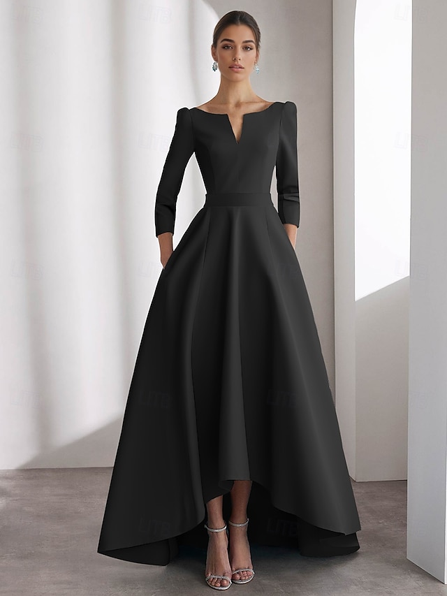  Robes Cocktail A-Line Élegante Robe Formelle Mariage Manches Longues Asymétriques Col en V Satin avec Poche