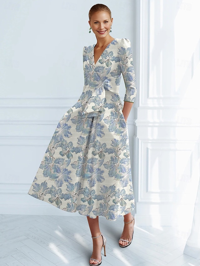  Sukienki koktajlowe Jacquard Brokatowy w kształcie litery A Elegancka sukienka formalna weselna do kostek Krótki rękaw Z dekoltem w serek Nylon z kokardą(ami) Kieszonka Sukienka dla gościa weselnego