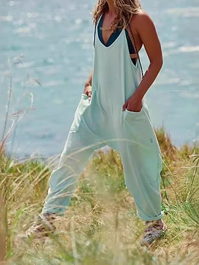  Femmes Normal Combinaison Occasionnel Couleur Unie Sans manches Col en V Avec Poches Sortir Week-end Coupe régulière Noir Vert Claire Vert Véronèse Été
