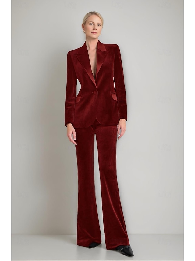  Mulheres Ternos de 2 peças Formal Convidado do casamento Veludo Elegante Minimalista Manga Longa Longo Lapela de pico Não Trespassado