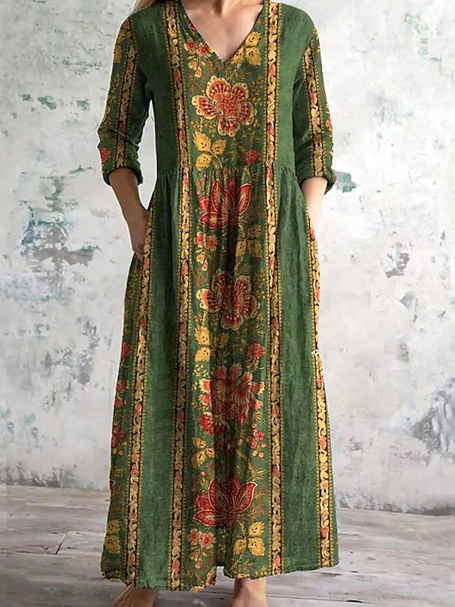  Femmes Robe Midi Robe d'Été Robe trapèze Vacances Occasionnel Boho Sortir Plage Fleuri Graphique Manche 3/4 Col en V Vert Été Printemps