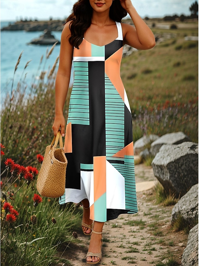  Damen Maxikleid A Linie Kleid Sommerkleid Schulterfreies Kleid Urlaub Lässig Party Date Normale Passform Grafik Geometrie Ärmellos Quadrathals Rosa Orange Grau Sommer Frühling