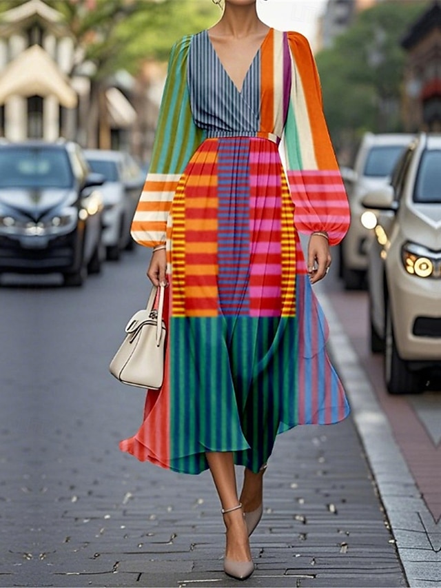  Per donna Abito maxi Abito a trapezio Casual All'aperto Uscire Vestibilità regolare Floreale Grafico Geometrico Manica Lunga Scollo a V Bianco Viola Fucsia Arancione Estate