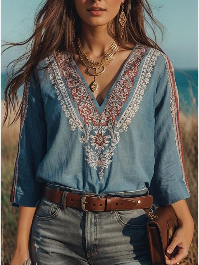 Women's Blouse Floral Graphic Bohemia Vintage Daily 3/4 Length Sleeve Crew Neck Boat Neck Regular Tops Daily Holiday Vacation Wear Print Blue Summer Spring3