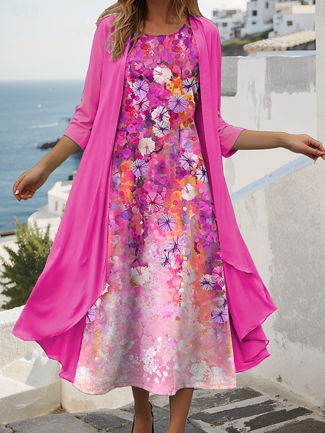  Damen Kleid-Set Shiftkleid Sommerkleid Lässig Ombre Blumen Druck Midikleid Dreiviertelarm Rundhalsausschnitt Täglich Blau Purpur Fuchsie Sommer Frühling Normale Passform