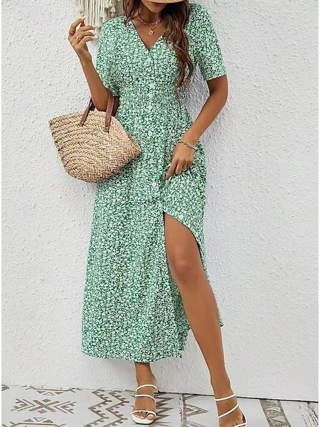  Femmes Robe maxi Robe trapèze Occasionnel Extérieur Sortir Coupe régulière Fleuri Manche Courte Col en V Bleu Vert Été
