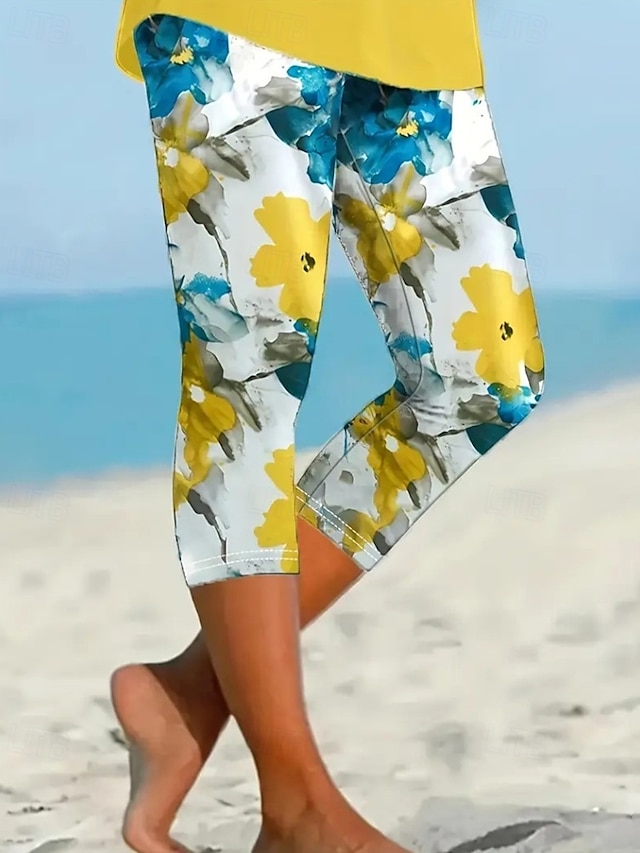  Femmes Pantalon capri Leggings Streetwear Occasionnel Longueur mollet Naturel Fleuri Imprimé Confortable Extérieur Extérieur Vacances Décontracté Quotidien Jaune Bleu Été Coupe régulière