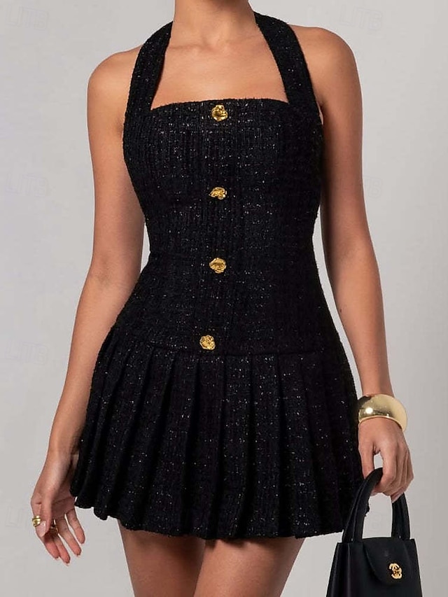  Femmes Mini Robe Robe de remise des diplômes Robe de Cocktail Mode Soirée Anniversaire Date Coupe régulière Uni Sans manches Col Halter Noir Été