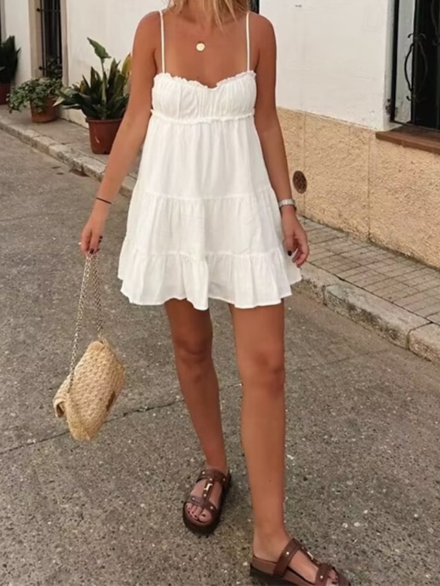  Damen Minikleid Weißes Kleid Abschlusskleid Unterkleid Mode elegante kleider Outdoor Party Ferien Normale Passform Einfach Ärmellos V Ausschnitt Schwarz Weiß Sommer