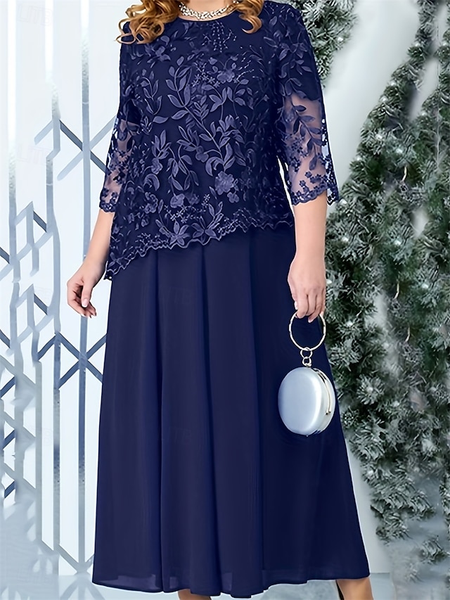  A-Linie Plus Size Kleid Mutter der Braut Kurvenkleid Elegantes Rundhals Knöchel Länge Spitze 3/4 Länge Ärmel mit einfarbig 2025