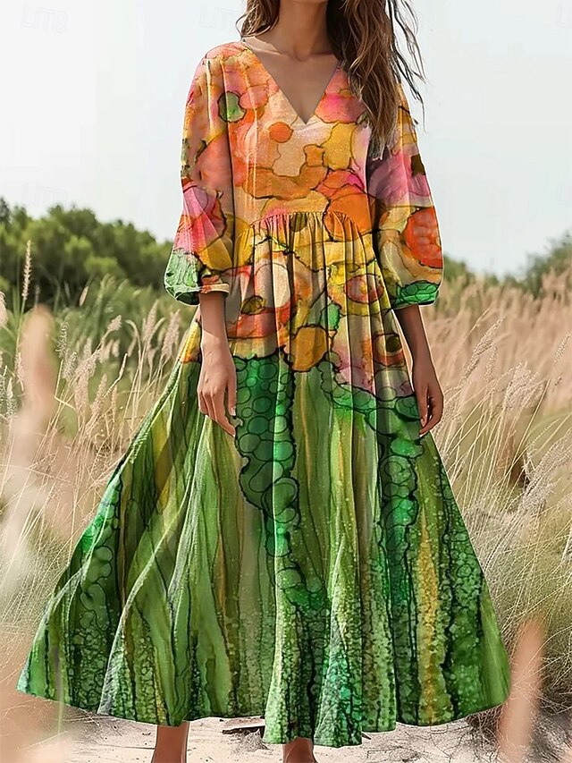 Women's Cotton Linen  Maxi Dress Sundress Pleated Dress Vacation Casual Boho Going out Beach Loose Fit 3/4 Length Sleeve V Neck Pink Blue Orange4