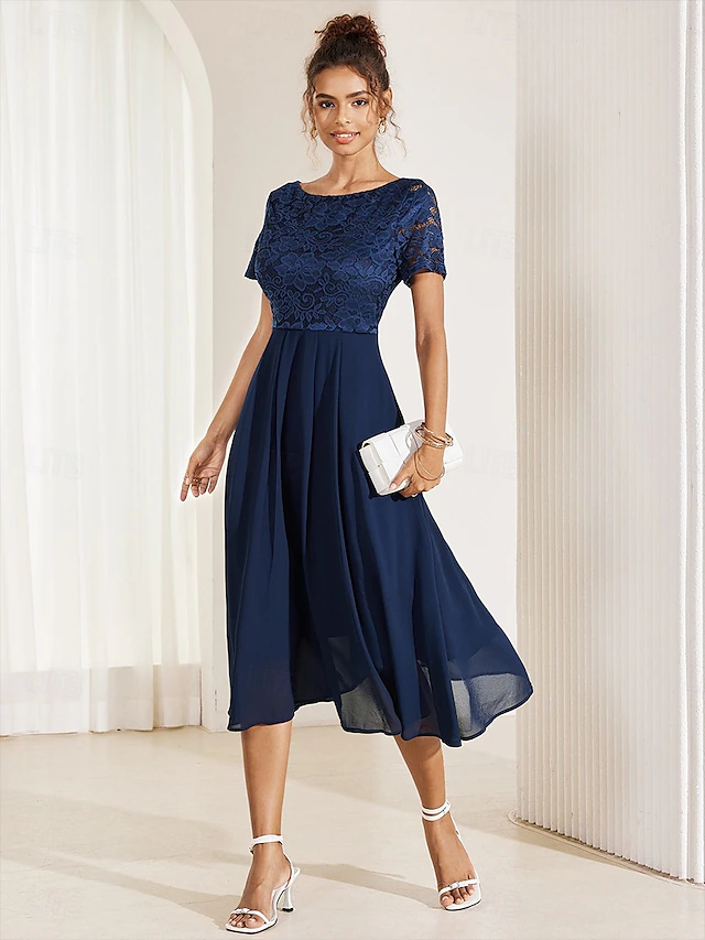 Women's Wedding Guest Cocktail Dress Chiffon Contrast Lace Ruffle Hem Elegant Formal Midi A Line Dress Crew Neck Short Sleeve Dark Blue Color 10