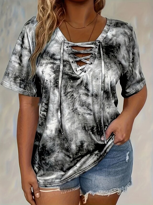 Women's Cotton Shirt Color Block Fashion Casual Short Sleeve Crew Neck V Neck Regular Tops Daily Gray Summer3