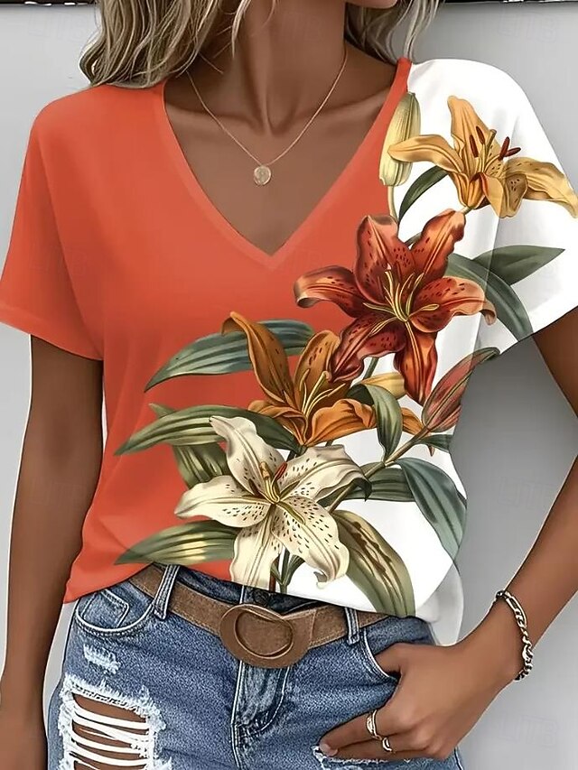 Women's Cotton Shirt Floral Graphic Vintage Stylish Classic Short Sleeve V Neck Regular Tops Daily Print White Purple Orange Summer Spring4