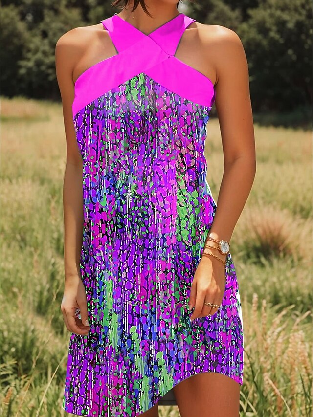 Women's Mini Dress Sundress A Line Dress Vacation Casual Going out Regular Fit Ombre Graphic Polka Dot Sleeveless Halter Neck Blue Purple Orange Summer4