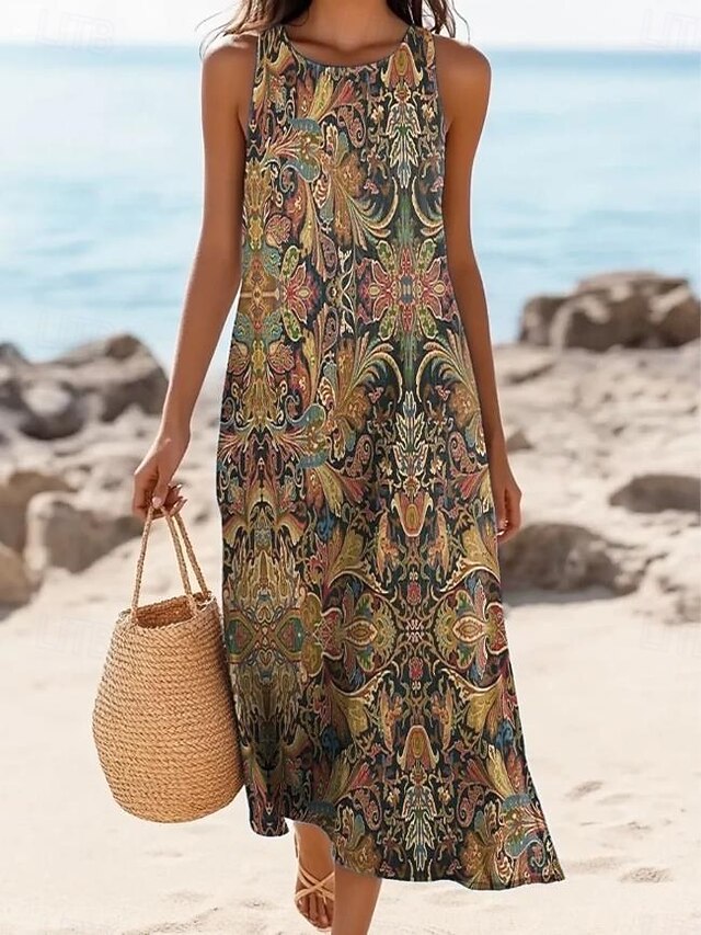 Women's Maxi Dress A Line Dress Off The Shoulder Dress Vacation Casual Boho Going out Standard Fit Floral Graphic Paisley Sleeveless U Neck Brown Dark Gray Summer Spring3
