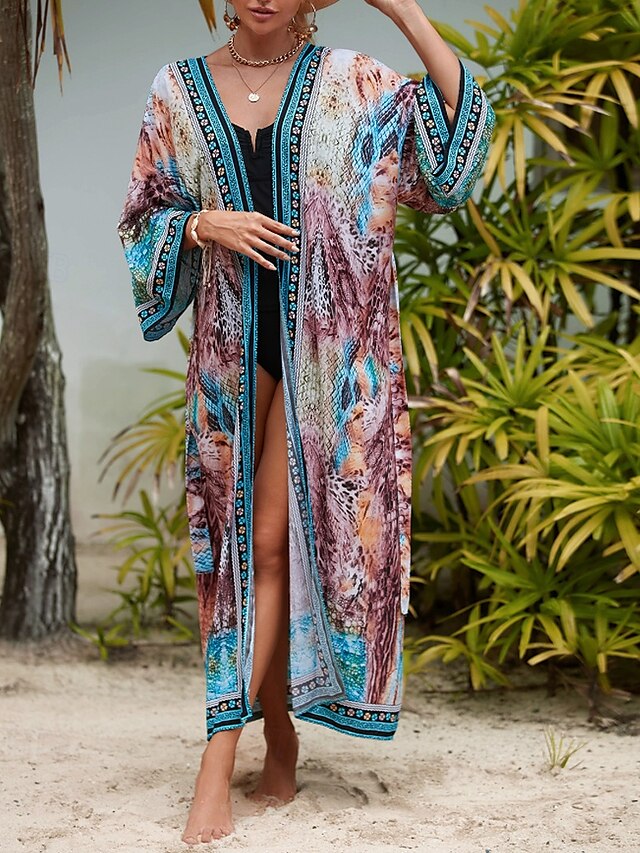  Femmes Maillots de Bain Vêtement couvrant Maillot de bain Nœud devant Tenues de plage Boho Fleur Col en V manche longue Maillots de bain