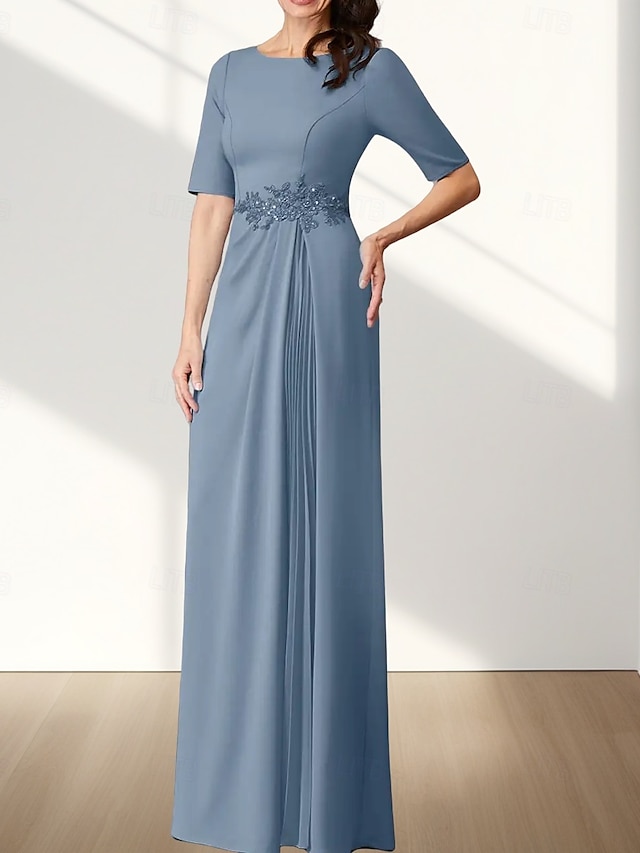  Linea ad A Abito da cerimonia per signora Ospite di nozze Elegante Girocollo Lunghezza al pavimento Chiffon Tessuto Elasticizzato Mezza Manica con Applicazioni Arricciatura 2025