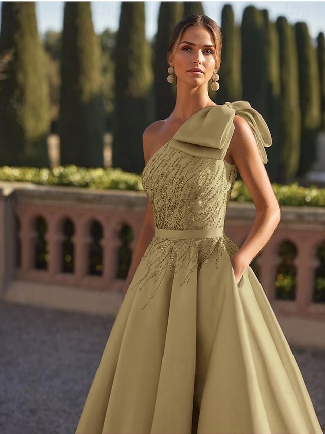  A-Linje Kveldskjole Elegant Kjole Formell Bryllup Gulvlengde Uten Ermer One Shoulder Sateng med Glitter Sløyfe(r) Perler