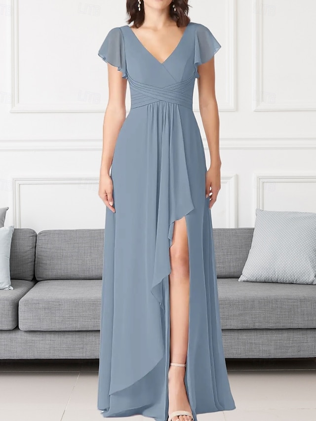 Abito da damigella a trapezio, scollo a V, maniche lunghe, elegante, strascico a ruota in chiffon con pieghe e volant 2025