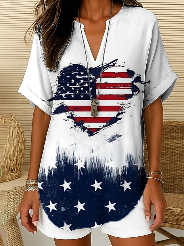 Women's Patriotic  Blouse Ombre Heart Flag Elegant Daily Stylish Short Sleeve V Neck Notched Neck Regular Tops Work Daily Holiday White Red Blue Summer4