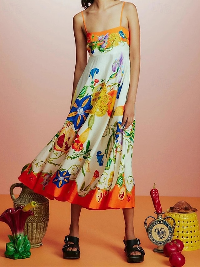  Pentru femei Rochie Lunga Rochie Maxi Rochii de in bumbac Rochie casual Modă În aer liber Petrecere Concediu Fit regulat Floare Fără manșon Bretele Spagheti Portocaliu Vară