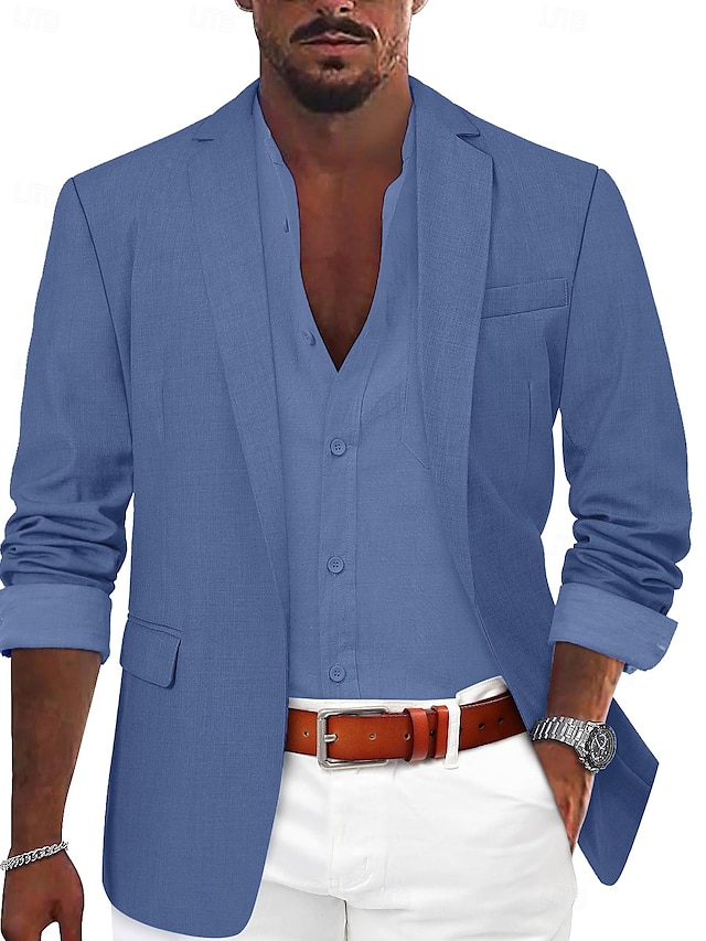  Voor heren Sportjas Linnen blazer Modieus Casual Effen Linnen blazer Leger groen Zwart blauw Getailleerd Single Breasted een knoops