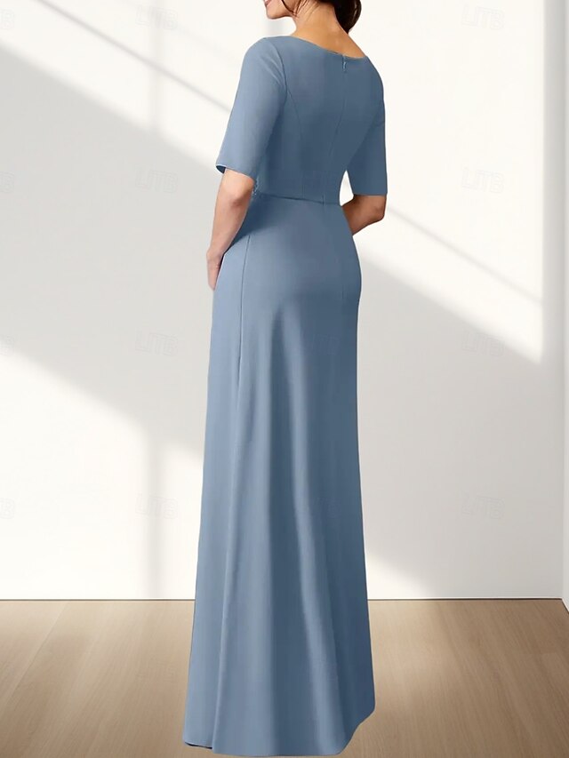 A-Line Mother of the Bride Dress Wedding Guest Elegant V Neck Floor Length Stretch Fabric Short Sleeve with Ruffles Ruching Solid Color
