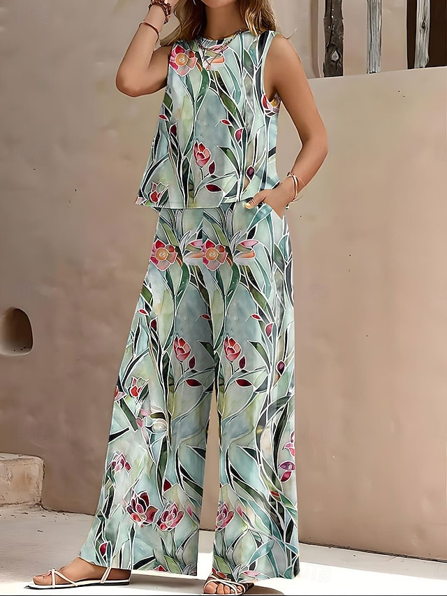  Damen 2 Teile Urlaubs Tägliche Hosen Sets Ärmeloses Rundhals Blumen Grafisch Geometrisch Lässig Täglich Gelb Blau Grün Sommer Weit Schnitt