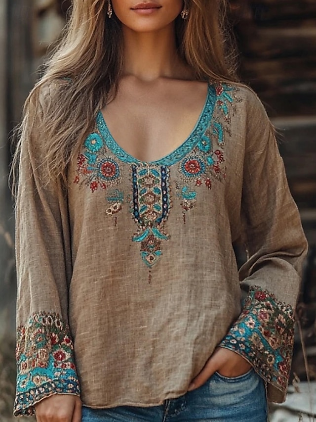  Damen Westernbluse Boho-Hemd Bluse Blume Boho Langarm V Ausschnitt Normale Oberteile Täglich Ausgehen Druck Kamel Khaki Sommer
