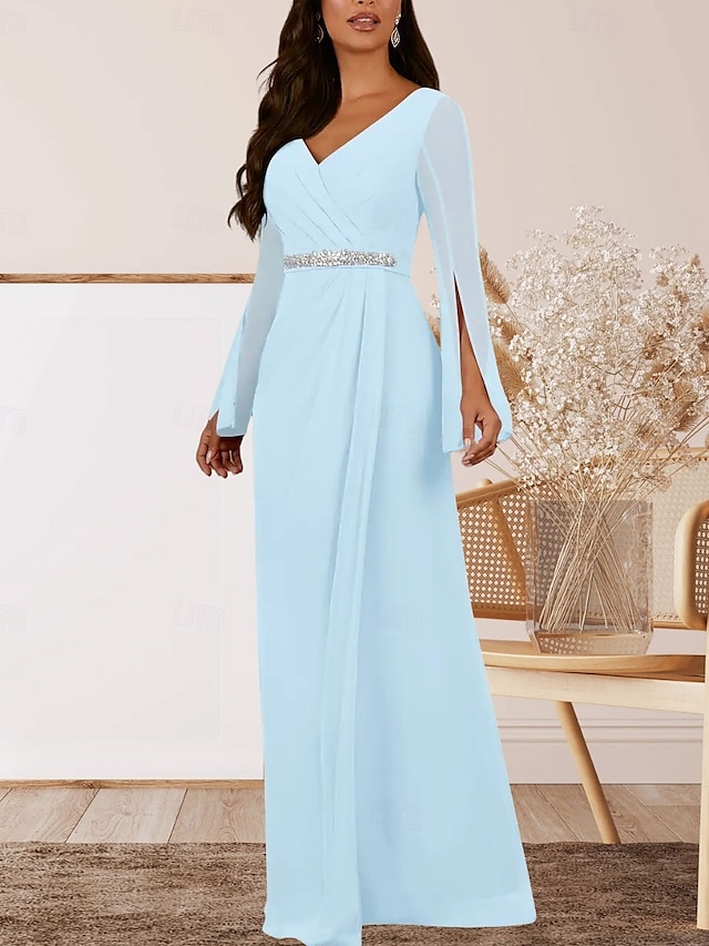  A-Linie Brautmutterkleid Hochzeitsgast Elegant V Ausschnitt Bodenlang Chiffon Langarm mit Kristalle Raffung 2025
