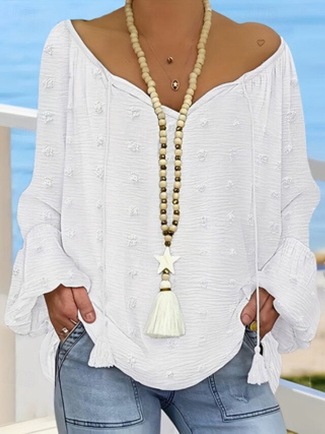 Women's Blouse Lace Tops Plain Modern Casual Long Sleeve V Neck Regular Tops Daily Holiday Going out Patchwork White Summer4