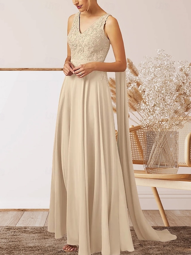  A-Line Wedding Guest Dresses Elegant Dress Wedding Guest Engagement Floor Length Sleeveless V Neck Fall Wedding Guest Chiffon with Appliques