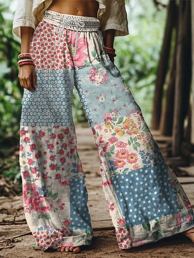  Femmes Jambe large Chinos Pantalons Amples Vacances ancien Style Ethnique Longueur complète Taille haute Fleuri Graphique Impression Chaleur Thermique Respirant Doux Micro-Élastique Vacances Rue