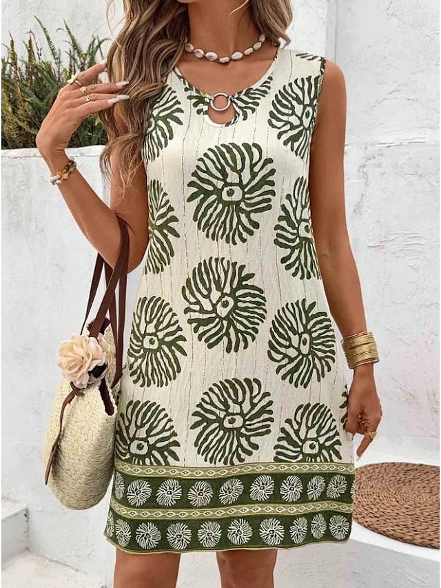  Femmes Mini Robe Robe d'Été Vacances Boho Sortir Plage Coupe Standard Fleuri Graphique Paisley Sans manches Col Rond Noir Vert Été Printemps