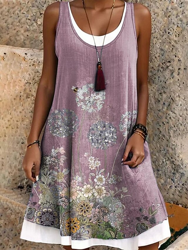 Women's Mini Dress T Shirt Dress Tee Dress Sundress A Line Dress Vacation Casual Boho Loose Fit Floral Graphic Sleeveless U Neck Scoop Neck Light Purple Summer Spring4