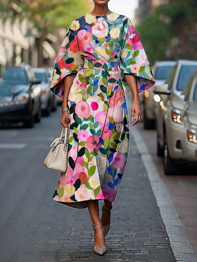 Women's Midi Dress Floral Dress Print Dress Fashion Classic Modern Vacation Daily Holiday Regular Fit Flower Half Sleeve Crew Neck Yellow Pink Blue Summer4
