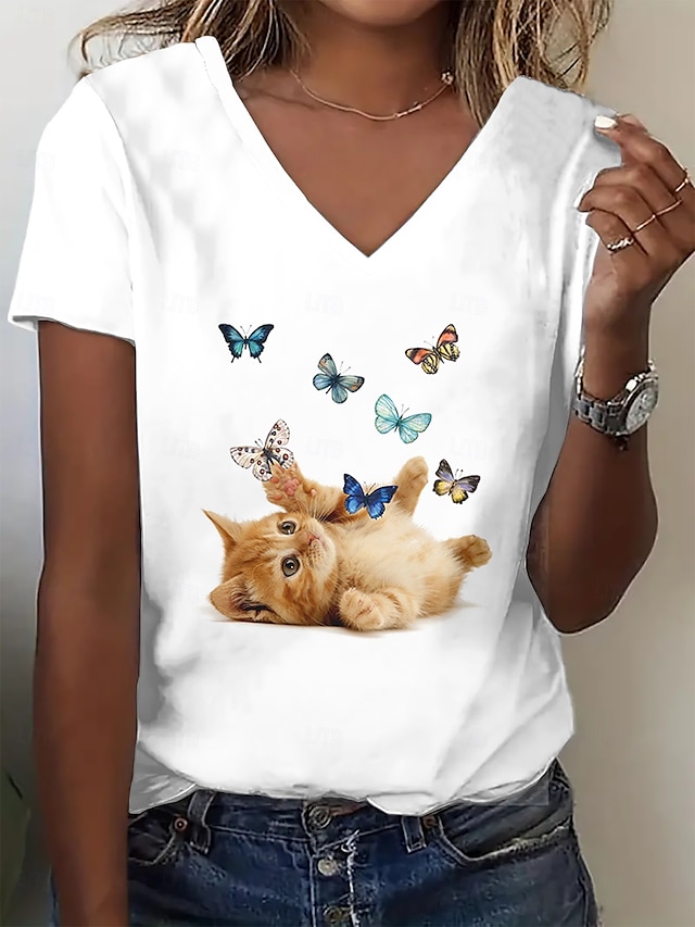  Per donna Maglietta Top estivi Gatto Farfalla Classico Casual Manica Corta Scollo a V Top corti Quotidiano Weekend Stampato Arcobaleno Estate Primavera Autunno