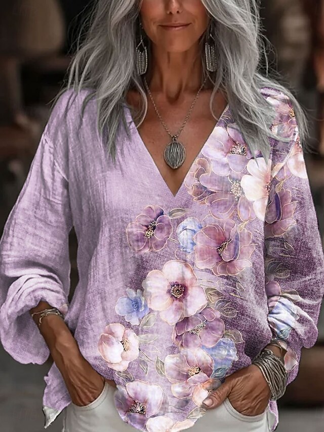 Women's Blouse Floral Graphic Stylish Casual 3/4 Length Sleeve V Neck Regular Tops Daily Blue Purple Green Summer Spring4