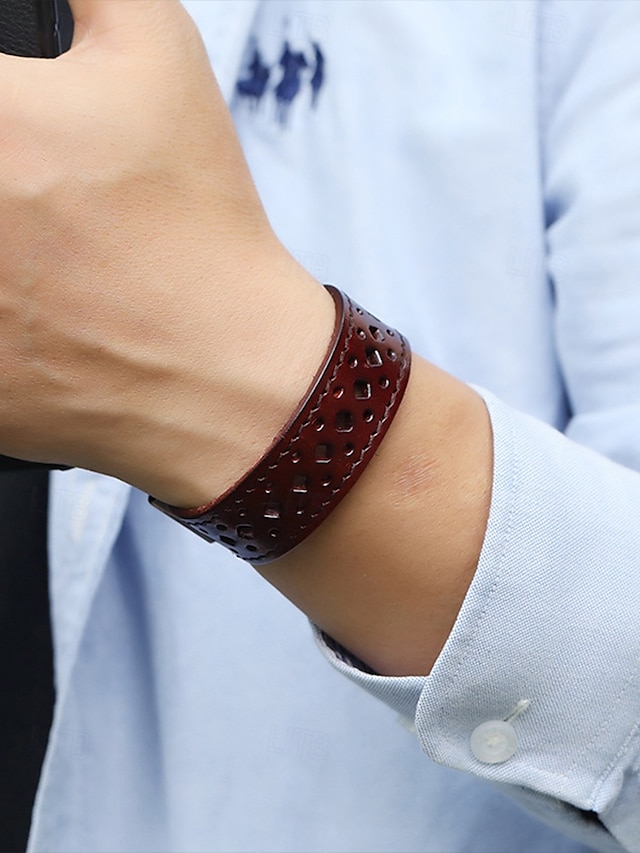 Pulsera hueca de cuero genuino bohemio para hombre: brazalete ajustable vintage para uso casual, de negocios y festivo.