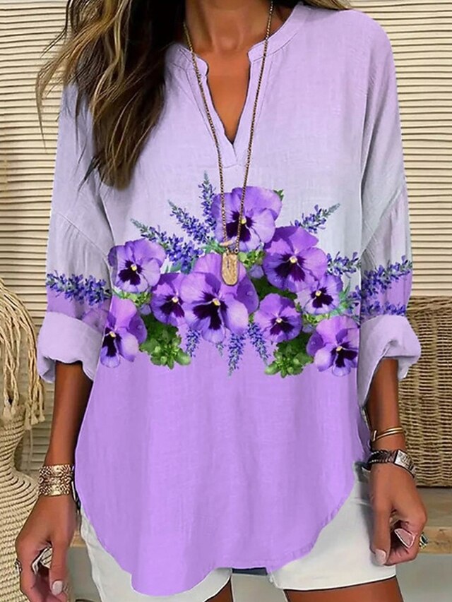 Women's Shirt Flower Daily Stylish Basic Long Sleeve V Neck Regular Tops Daily Holiday Print White Lavender Purple Spring Fall4