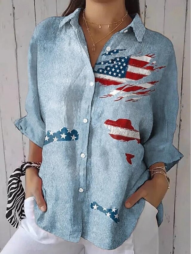 American Independence Day Women's Shirt Button Down Tunic Shirt Collar Long Sleeve Graphic Flag Vintage Daily Stylish Regular Tops Work Daily s Print White Red Blue Spring4
