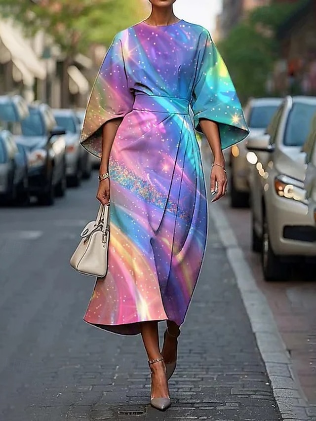 Femmes Robe Midi Robe Fleurie Robe Imprimée Élégant Mode Extérieur Vacances Sortir Coupe régulière Fleur Demi Manches Col ras du cou Violet Claire Violet Fuchsia Été