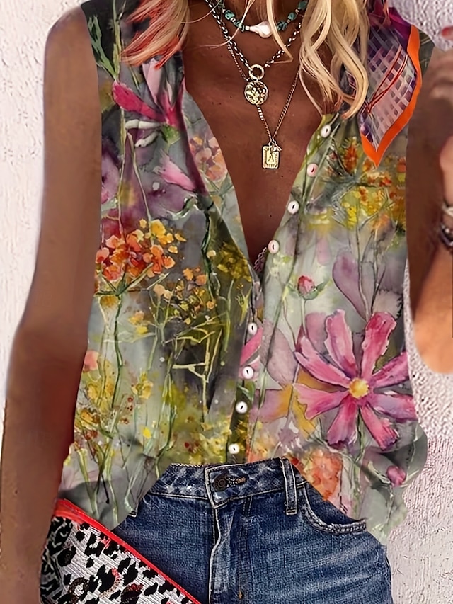 Dame Camisole Tank Top Blomstret Daglig Fritid Ermeløs V-hals Vanlige topper Daglig Trykt mønster Grønn Sommer