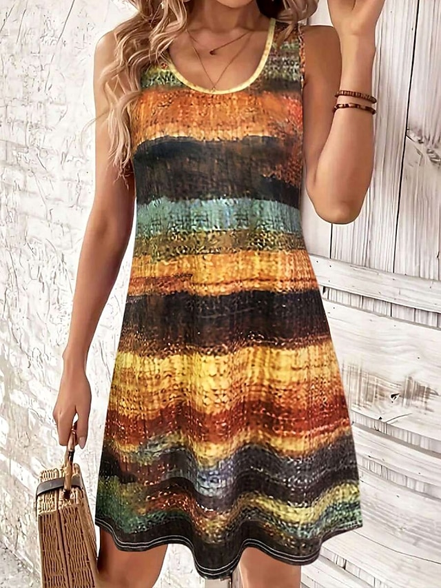  Per donna Mini Abito Vestito Estivo Abito a trapezio Abito Estivo Vacanza Casual Vestibilità regolare Grafico Geometrico A righe Senza Maniche Collo a U Arancione Estate Primavera