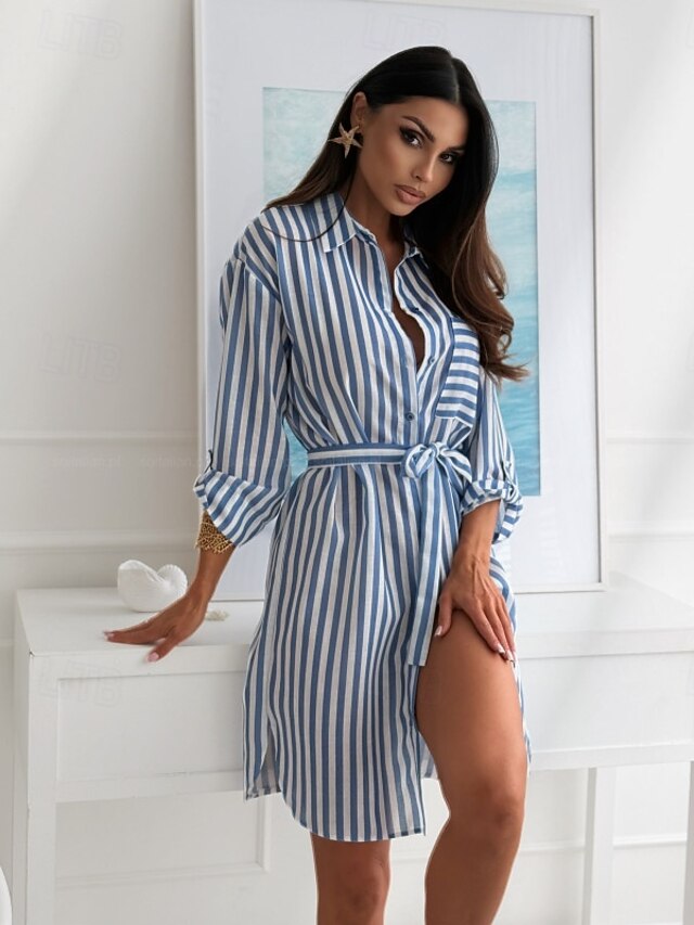 Women's Mini Dress Shirt Dress Print Dress Elegant Daily Going out Regular Fit Leopard Striped Long Sleeve Shirt Collar Leopard Pink Blue Fall4